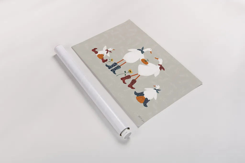 Ducks in the Pumpkin Patch VI by Yvette St. Amant. shown as a rolled paper print. Available as archival giclee rolled canvas, fine art paper, or poster print. SKU 97329i.