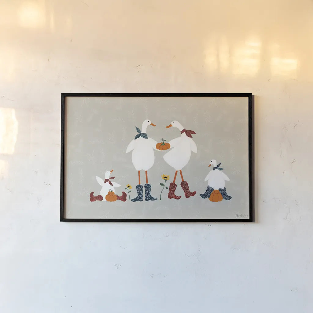 Ducks in the Pumpkin Patch VI by Yvette St. Amant. shown as a paper print in a black flame. Available as a archival giclee rolled canvas, fine art paper, or poster print. SKU 97329i.