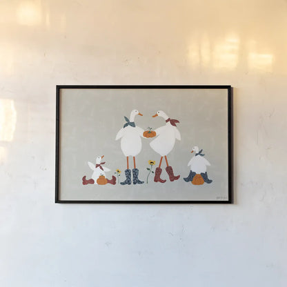 Ducks in the Pumpkin Patch VI by Yvette St. Amant. shown as a paper print in a black flame. Available as a archival giclee rolled canvas, fine art paper, or poster print. SKU 97329i.