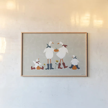 Ducks in the Pumpkin Patch VI by Yvette St. Amant. shown as a paper print in a natural frame. Available as a archival giclee rolled canvas, fine art paper, or poster print. SKU 97329i.