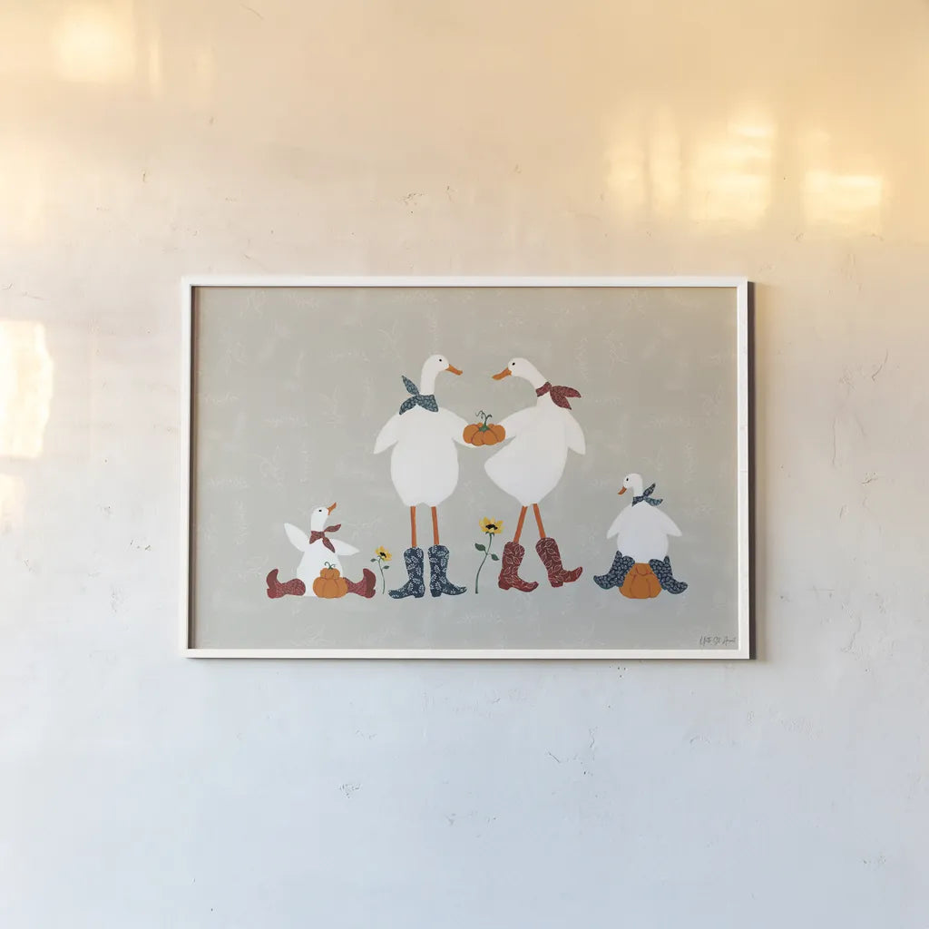 Ducks in the Pumpkin Patch VI by Yvette St. Amant. shown as a paper print in a white frame. Available as a archival giclee rolled canvas, fine art paper, or poster print. SKU 97329i.