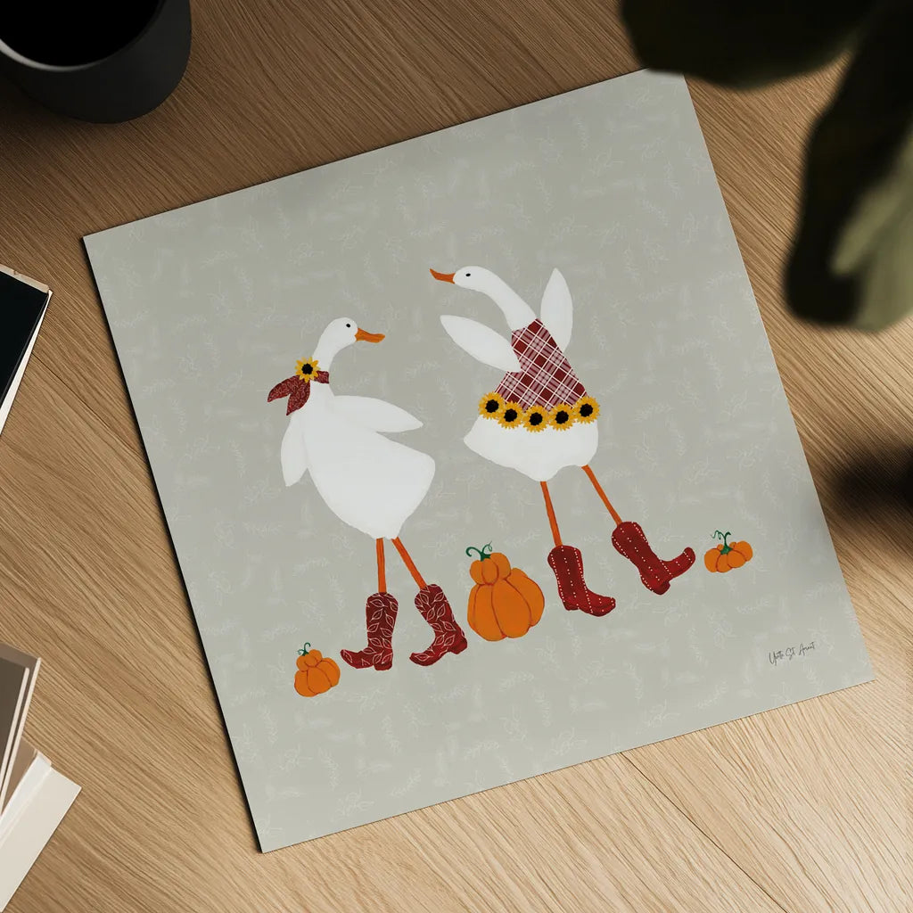 Ducks in the Pumpkin Patch VII by Yvette St. Amant. Shown as a detailed flat fine art print, highlighting archival giclee quality. Available as an archival giclee rolled canvas, fine art paper, or poster print. SKU 97330a.