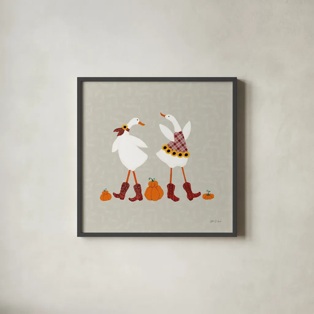 Ducks in the Pumpkin Patch VII by Yvette St. Amant. Shown in a sleek black glass frame for a contemporary gallery look. Available as an archival giclee rolled canvas, fine art paper, or poster print. SKU 97330a.