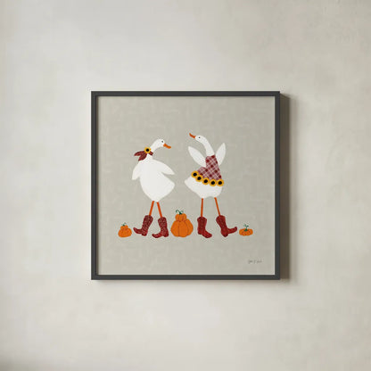 Ducks in the Pumpkin Patch VII by Yvette St. Amant. Shown in a sleek black glass frame for a contemporary gallery look. Available as an archival giclee rolled canvas, fine art paper, or poster print. SKU 97330a.