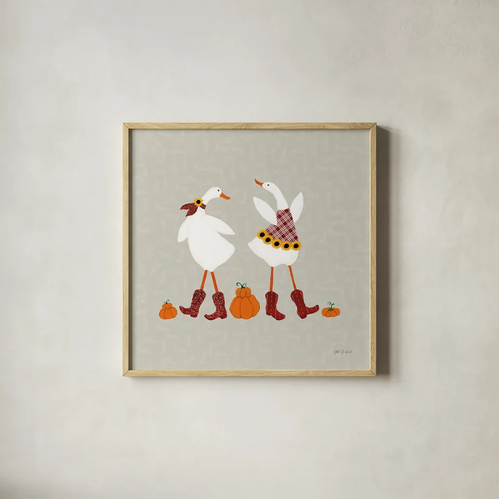 Ducks in the Pumpkin Patch VII by Yvette St. Amant. Shown in a natural wood glass frame for a timeless modern aesthetic. Available as an archival giclee rolled canvas, fine art paper, or poster print. SKU 97330a.