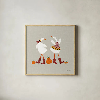 Ducks in the Pumpkin Patch VII by Yvette St. Amant. Shown in a natural wood glass frame for a timeless modern aesthetic. Available as an archival giclee rolled canvas, fine art paper, or poster print. SKU 97330a.