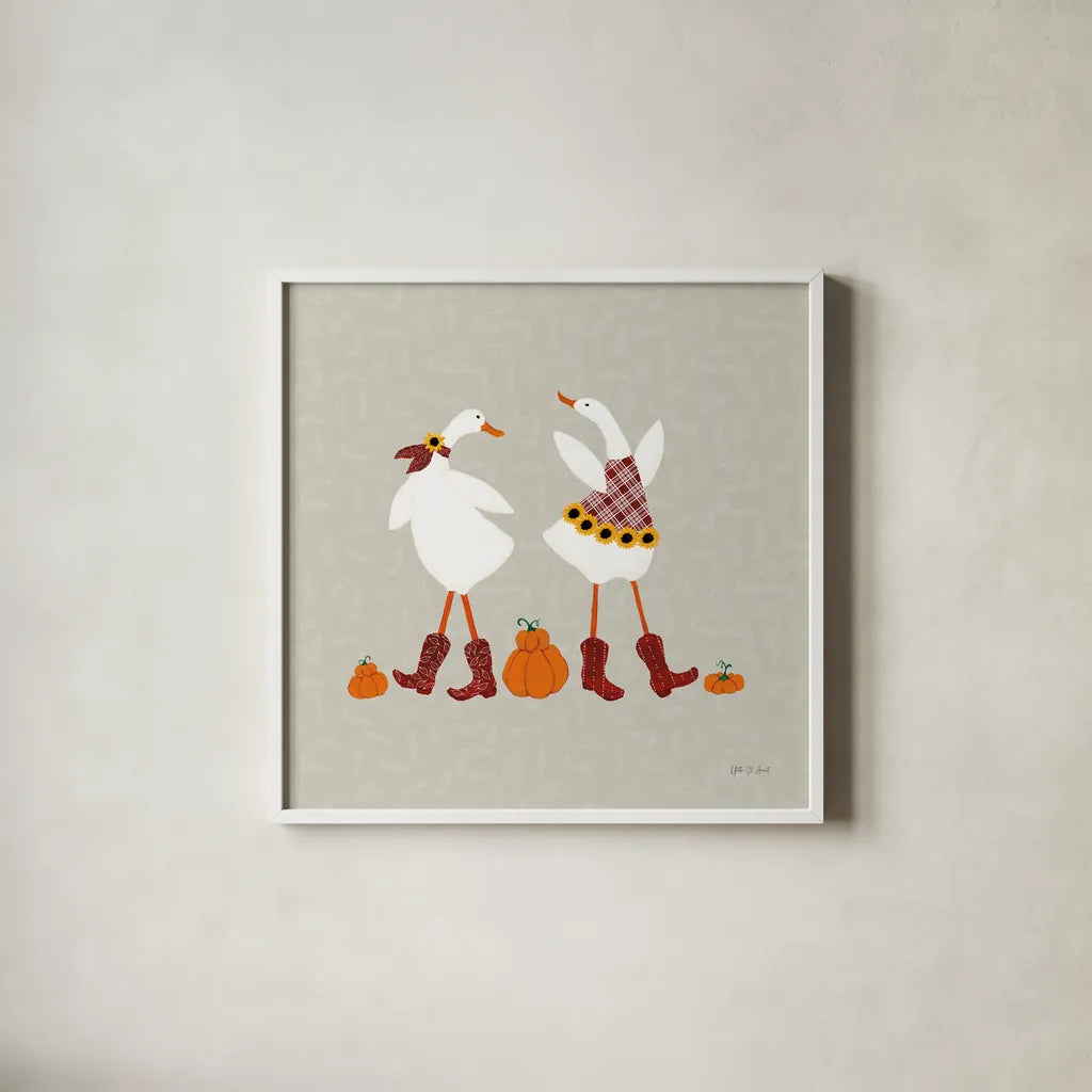 Ducks in the Pumpkin Patch VII by Yvette St. Amant. Shown in a crisp white glass frame for a clean and minimalist style. Available as an archival giclee rolled canvas, fine art paper, or poster print. SKU 97330a.