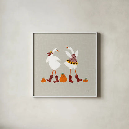 Ducks in the Pumpkin Patch VII by Yvette St. Amant. Shown in a crisp white glass frame for a clean and minimalist style. Available as an archival giclee rolled canvas, fine art paper, or poster print. SKU 97330a.