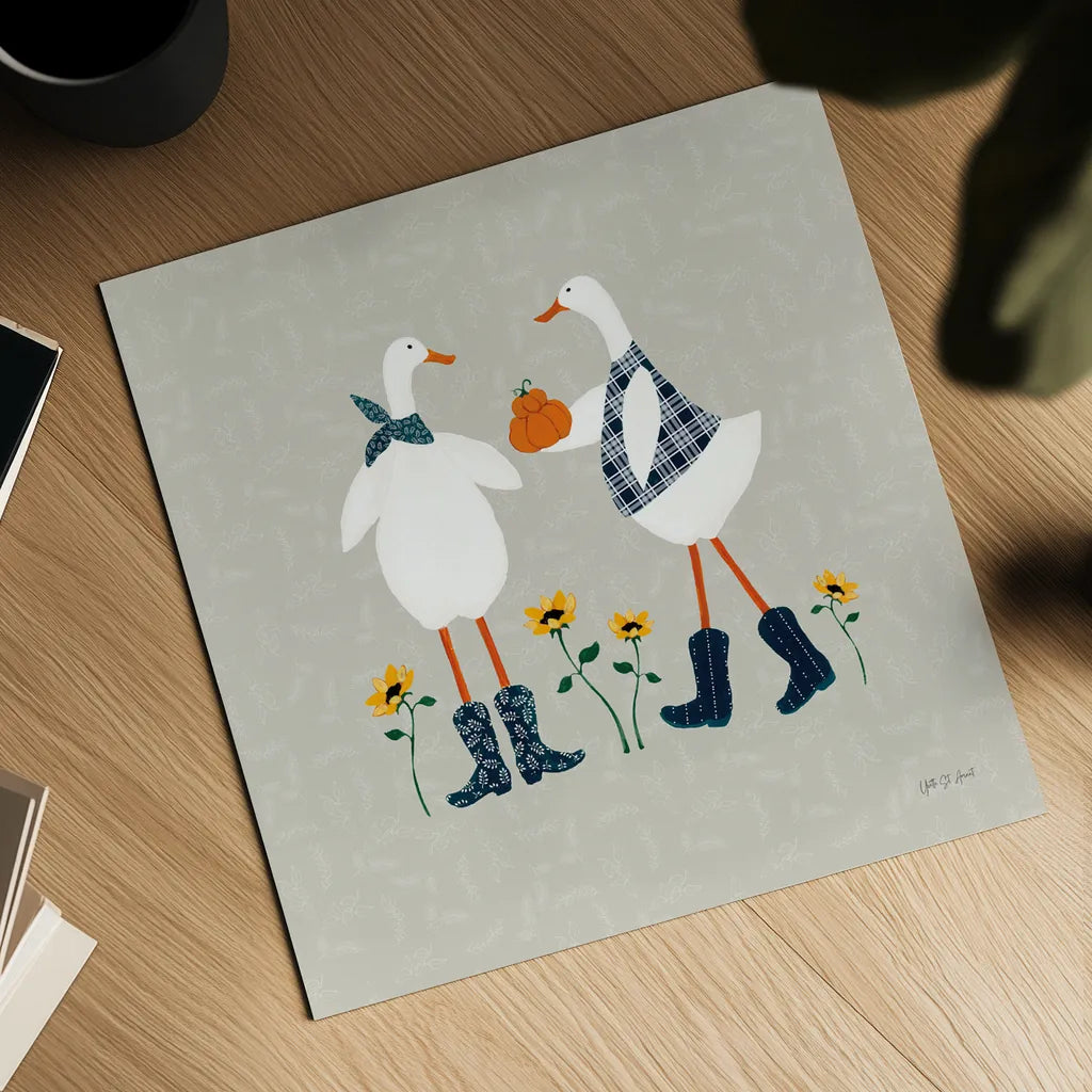 Ducks in the Pumpkin Patch VIII by Yvette St. Amant. Shown as a detailed flat fine art print, highlighting archival giclee quality. Available as an archival giclee rolled canvas, fine art paper, or poster print. SKU 97331a.