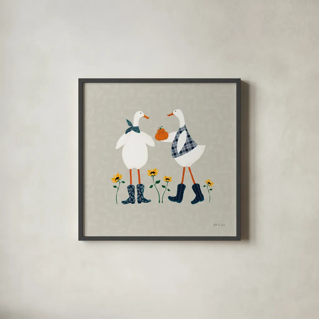 Ducks in the Pumpkin Patch VIII by Yvette St. Amant. Shown in a sleek black glass frame for a contemporary gallery look. Available as an archival giclee rolled canvas, fine art paper, or poster print. SKU 97331a.