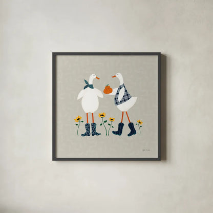Ducks in the Pumpkin Patch VIII by Yvette St. Amant. Shown in a sleek black glass frame for a contemporary gallery look. Available as an archival giclee rolled canvas, fine art paper, or poster print. SKU 97331a.