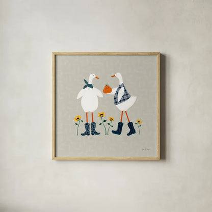 Ducks in the Pumpkin Patch VIII by Yvette St. Amant. Shown in a natural wood glass frame for a timeless modern aesthetic. Available as an archival giclee rolled canvas, fine art paper, or poster print. SKU 97331a.