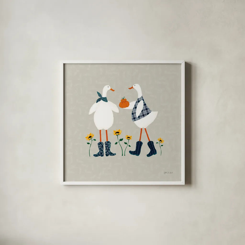 Ducks in the Pumpkin Patch VIII by Yvette St. Amant. Shown in a crisp white glass frame for a clean and minimalist style. Available as an archival giclee rolled canvas, fine art paper, or poster print. SKU 97331a.
