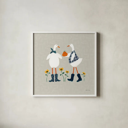 Ducks in the Pumpkin Patch VIII by Yvette St. Amant. Shown in a crisp white glass frame for a clean and minimalist style. Available as an archival giclee rolled canvas, fine art paper, or poster print. SKU 97331a.