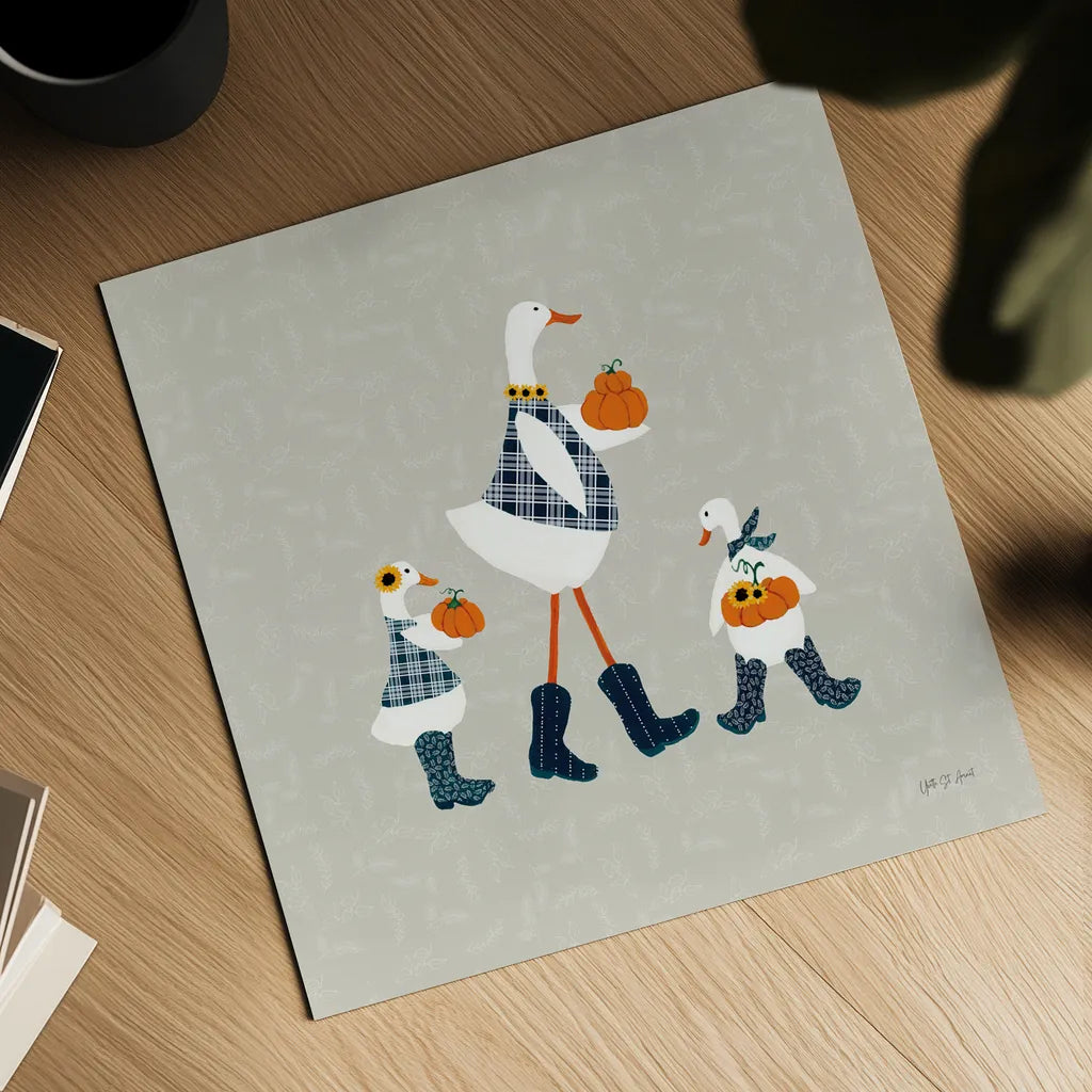 Ducks in the Pumpkin Patch X by Yvette St. Amant. Shown as a detailed flat fine art print, highlighting archival giclee quality. Available as an archival giclee rolled canvas, fine art paper, or poster print. SKU 97333a.