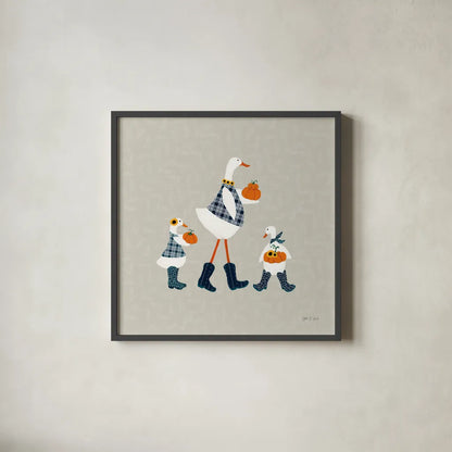 Ducks in the Pumpkin Patch X by Yvette St. Amant. Shown in a sleek black glass frame for a contemporary gallery look. Available as an archival giclee rolled canvas, fine art paper, or poster print. SKU 97333a.
