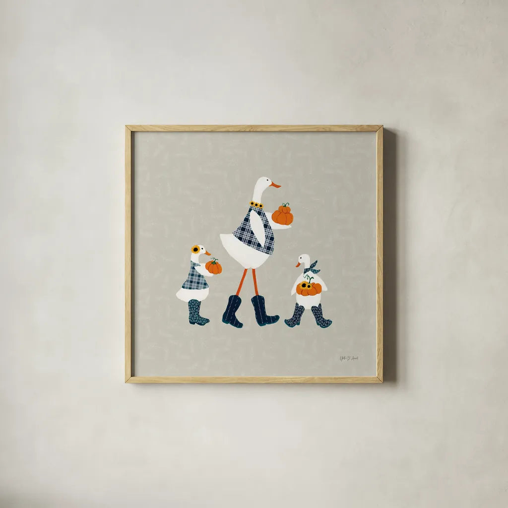 Ducks in the Pumpkin Patch X by Yvette St. Amant. Shown in a natural wood glass frame for a timeless modern aesthetic. Available as an archival giclee rolled canvas, fine art paper, or poster print. SKU 97333a.