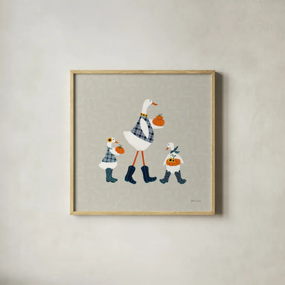 Ducks in the Pumpkin Patch X by Yvette St. Amant. Shown in a natural wood glass frame for a timeless modern aesthetic. Available as an archival giclee rolled canvas, fine art paper, or poster print. SKU 97333a.