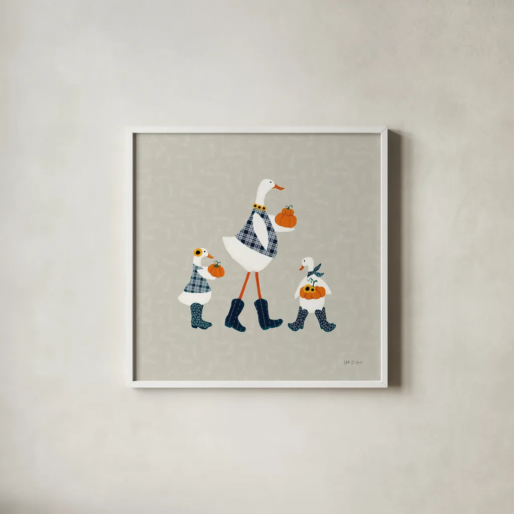Ducks in the Pumpkin Patch X by Yvette St. Amant. Shown in a crisp white glass frame for a clean and minimalist style. Available as an archival giclee rolled canvas, fine art paper, or poster print. SKU 97333a.