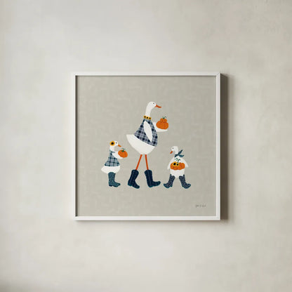 Ducks in the Pumpkin Patch X by Yvette St. Amant. Shown in a crisp white glass frame for a clean and minimalist style. Available as an archival giclee rolled canvas, fine art paper, or poster print. SKU 97333a.