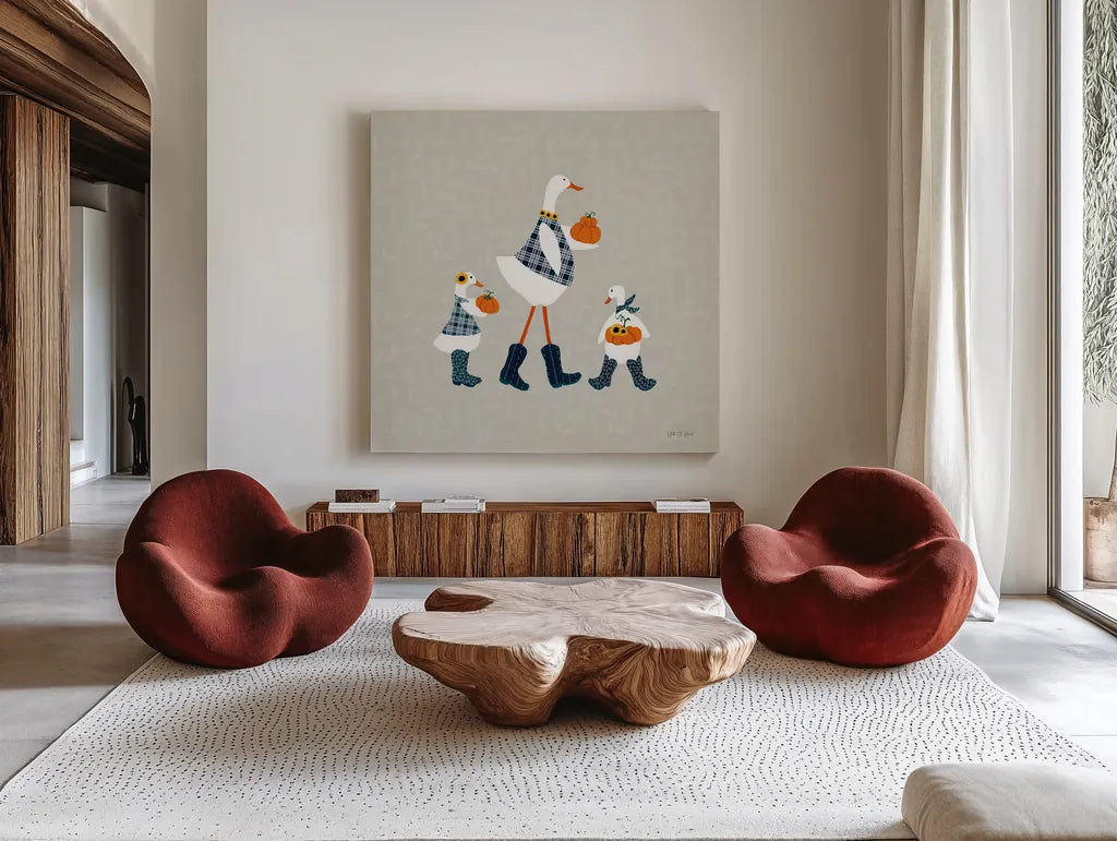 Ducks in the Pumpkin Patch X by Yvette St. Amant. Shown as extra-large giant wall art in a modern living room. Available as an archival giclee rolled canvas, fine art paper, or poster print. SKU 97333a.