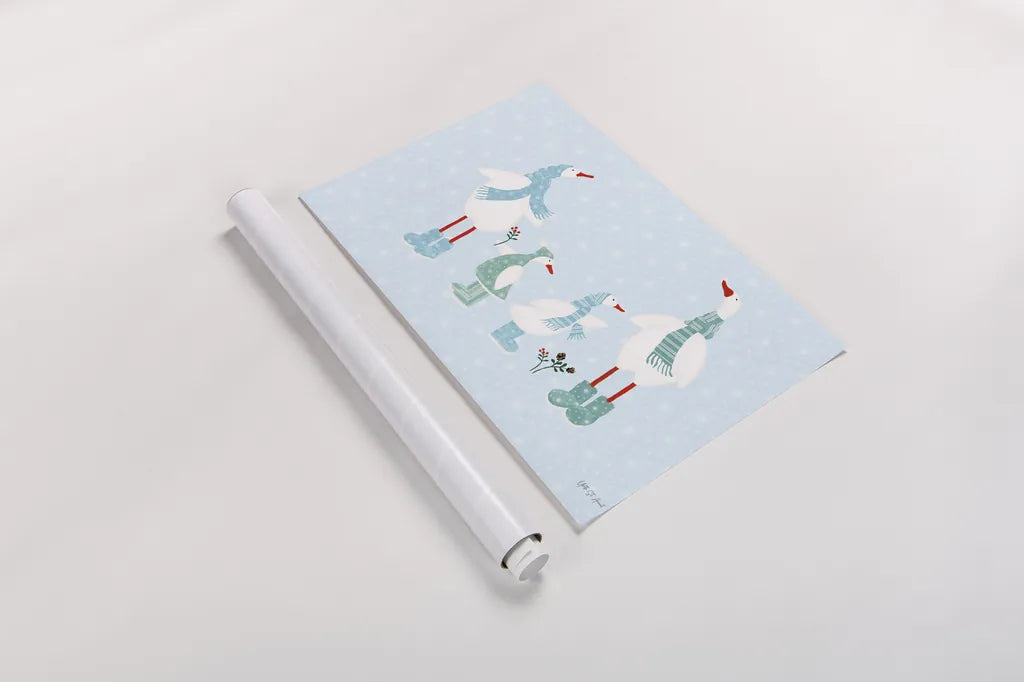 Ducks in the Snow I by Yvette St. Amant. shown as a rolled paper print. Available as archival giclee rolled canvas, fine art paper, or poster print. SKU 97314i.