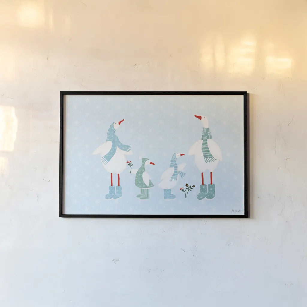 Ducks in the Snow I by Yvette St. Amant. shown as a paper print in a black flame. Available as a archival giclee rolled canvas, fine art paper, or poster print. SKU 97314i.