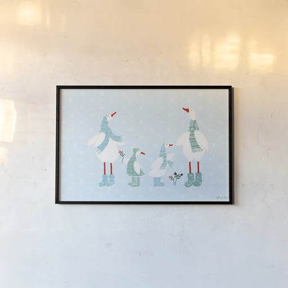 Ducks in the Snow I by Yvette St. Amant. shown as a paper print in a black flame. Available as a archival giclee rolled canvas, fine art paper, or poster print. SKU 97314i.