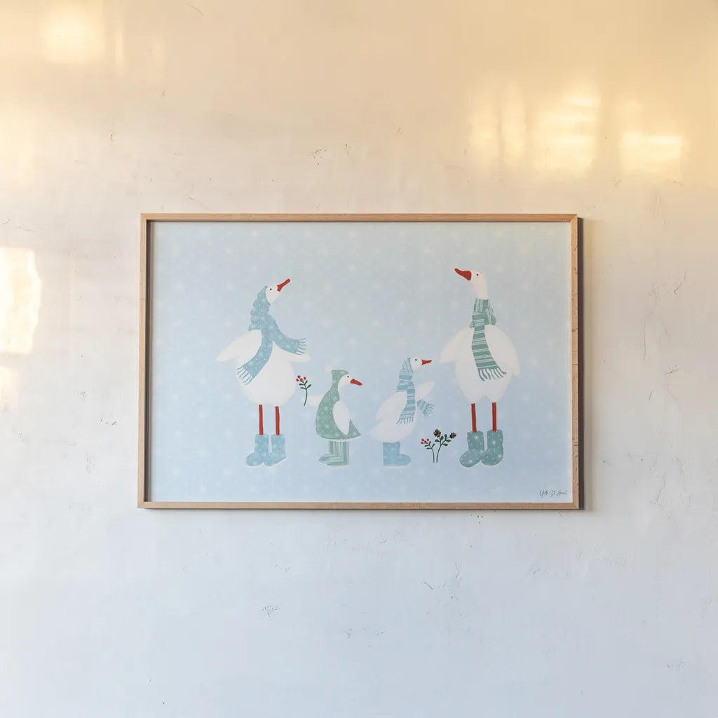 Ducks in the Snow I by Yvette St. Amant. shown as a paper print in a natural frame. Available as a archival giclee rolled canvas, fine art paper, or poster print. SKU 97314i.