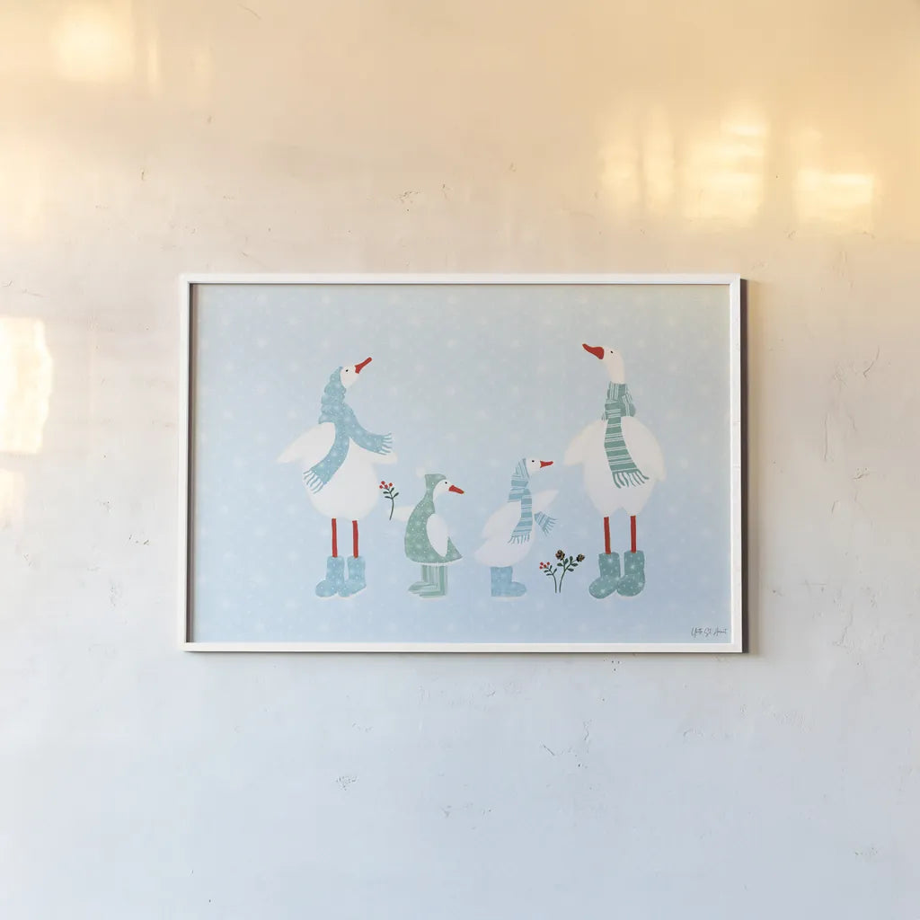 Ducks in the Snow I by Yvette St. Amant. shown as a paper print in a white frame. Available as a archival giclee rolled canvas, fine art paper, or poster print. SKU 97314i.