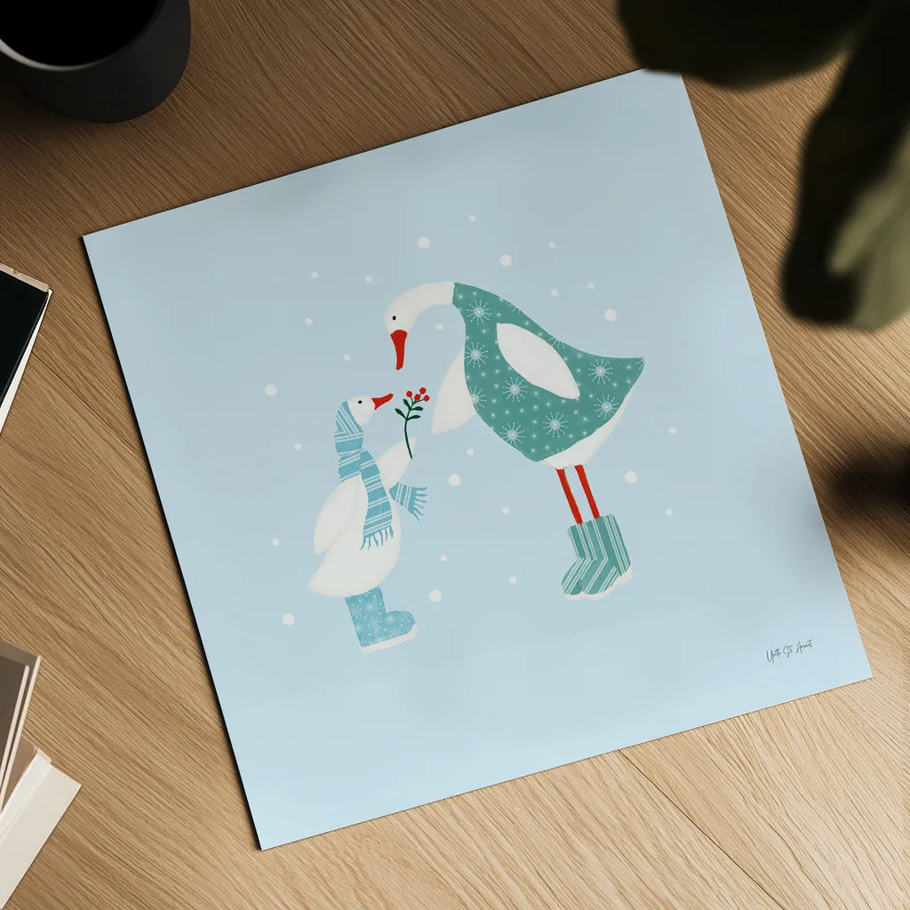 Ducks in the Snow II by Yvette St. Amant. Shown as a detailed flat fine art print, highlighting archival giclee quality. Available as an archival giclee rolled canvas, fine art paper, or poster print. SKU 97315a.