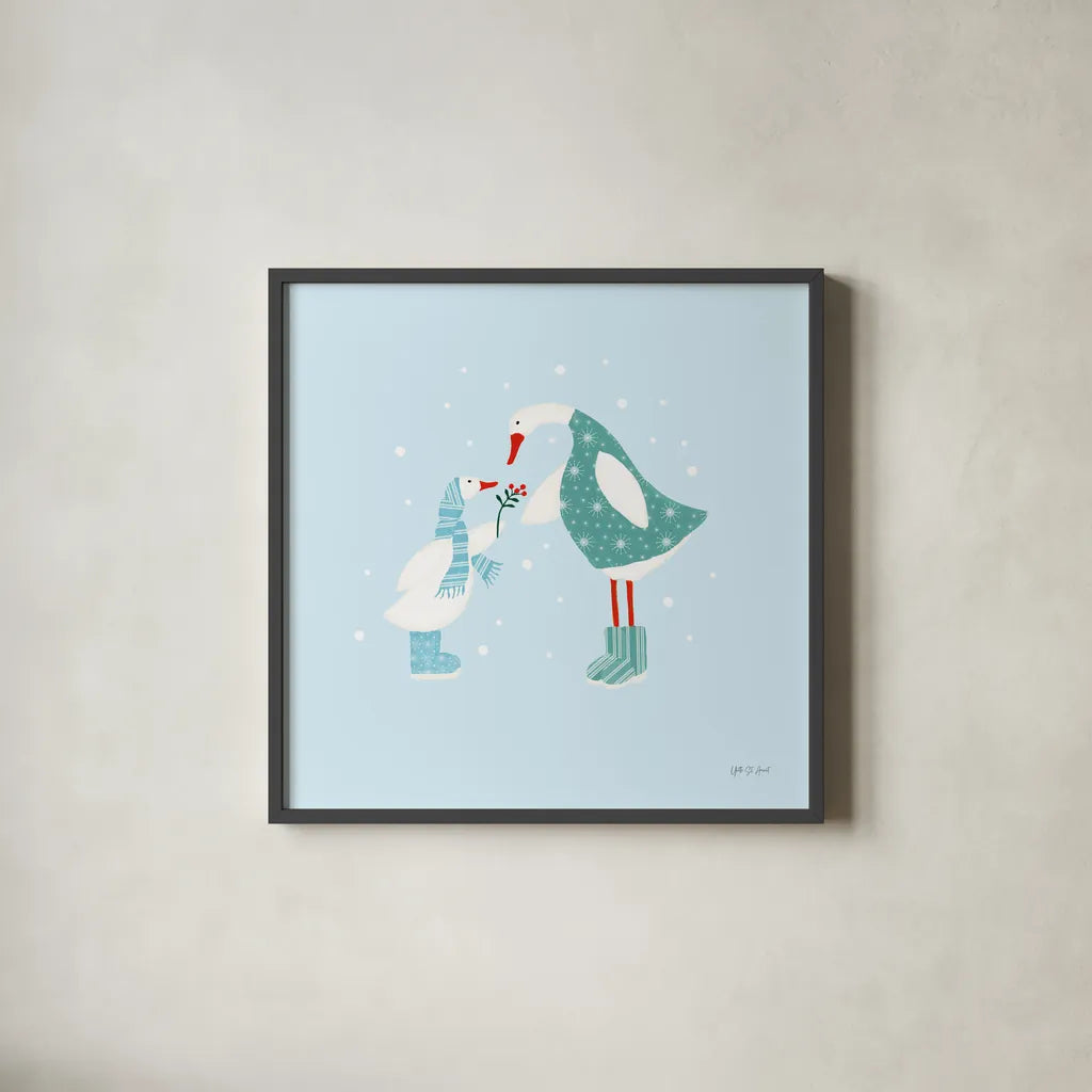 Ducks in the Snow II by Yvette St. Amant. Shown in a sleek black glass frame for a contemporary gallery look. Available as an archival giclee rolled canvas, fine art paper, or poster print. SKU 97315a.