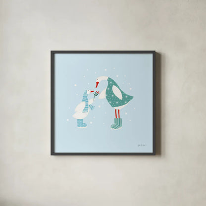 Ducks in the Snow II by Yvette St. Amant. Shown in a sleek black glass frame for a contemporary gallery look. Available as an archival giclee rolled canvas, fine art paper, or poster print. SKU 97315a.
