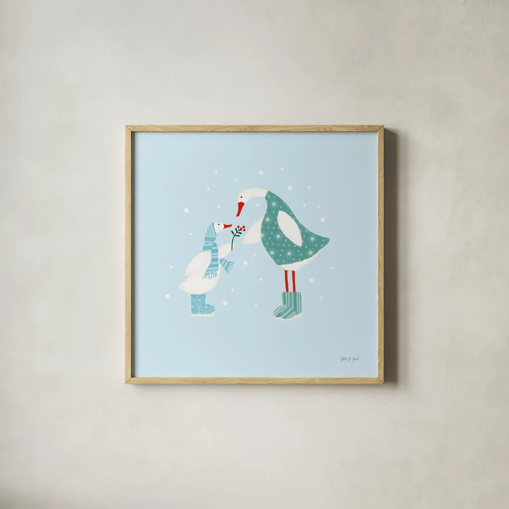 Ducks in the Snow II by Yvette St. Amant. Shown in a natural wood glass frame for a timeless modern aesthetic. Available as an archival giclee rolled canvas, fine art paper, or poster print. SKU 97315a.