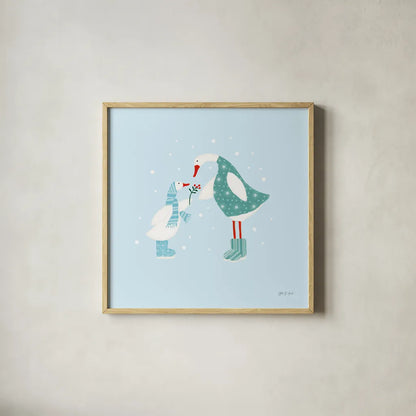 Ducks in the Snow II by Yvette St. Amant. Shown in a natural wood glass frame for a timeless modern aesthetic. Available as an archival giclee rolled canvas, fine art paper, or poster print. SKU 97315a.