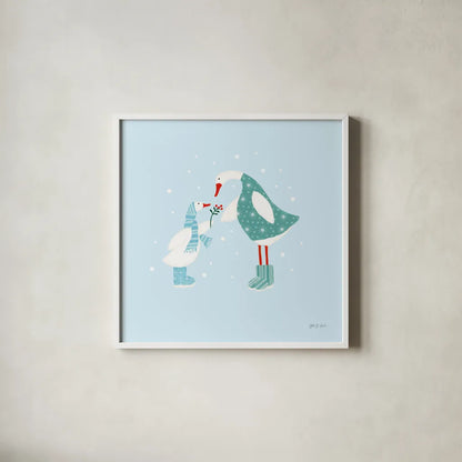 Ducks in the Snow II by Yvette St. Amant. Shown in a crisp white glass frame for a clean and minimalist style. Available as an archival giclee rolled canvas, fine art paper, or poster print. SKU 97315a.