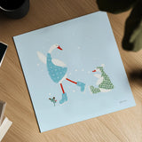 Ducks in the Snow III by Yvette St. Amant. Shown as a detailed flat fine art print, highlighting archival giclee quality. Available as an archival giclee rolled canvas, fine art paper, or poster print. SKU 97316a.