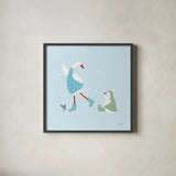 Ducks in the Snow III by Yvette St. Amant. Shown in a sleek black glass frame for a contemporary gallery look. Available as an archival giclee rolled canvas, fine art paper, or poster print. SKU 97316a.