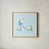 Ducks in the Snow III by Yvette St. Amant. Shown in a natural wood glass frame for a timeless modern aesthetic. Available as an archival giclee rolled canvas, fine art paper, or poster print. SKU 97316a.