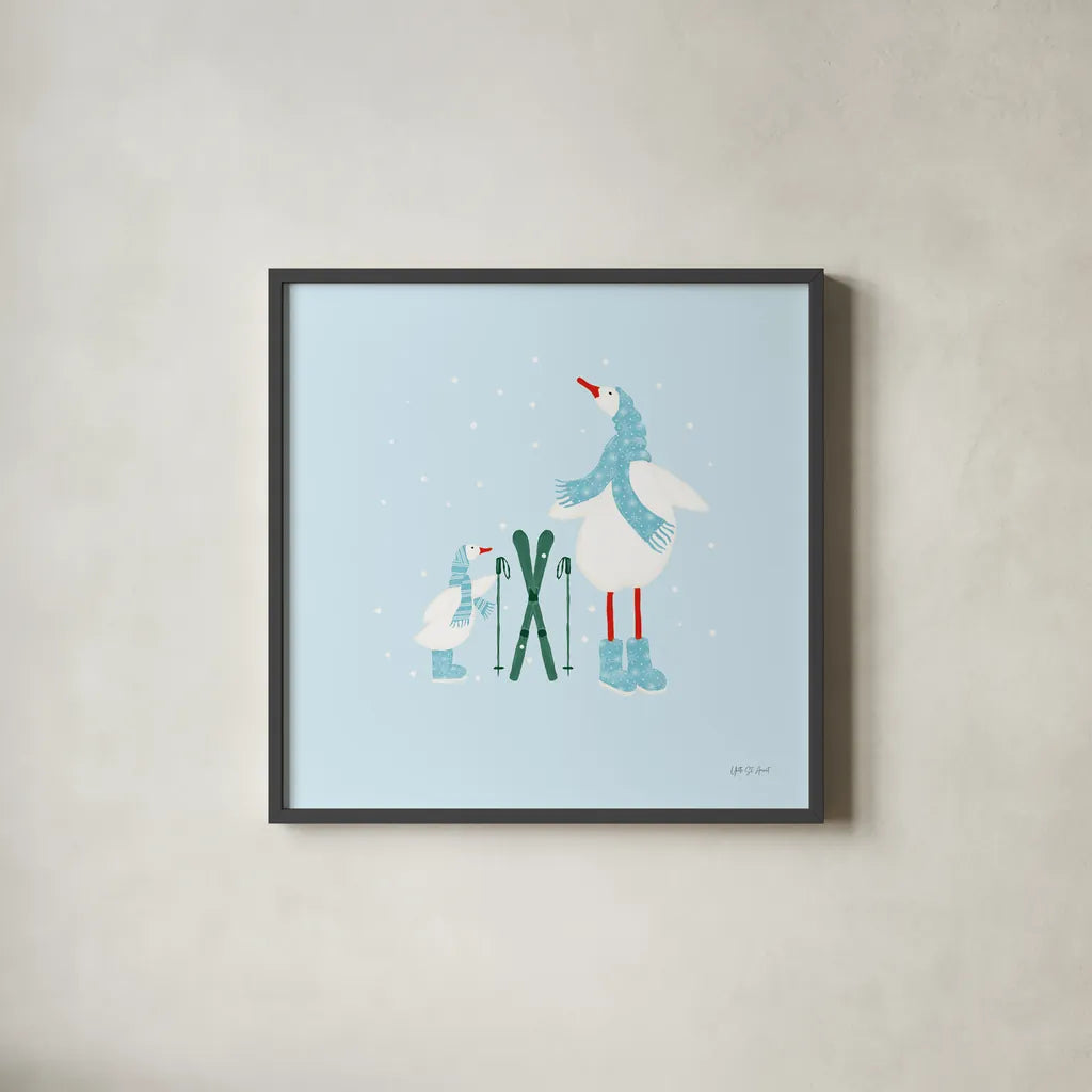 Ducks in the Snow IV by Yvette St. Amant. Shown in a sleek black glass frame for a contemporary gallery look. Available as an archival giclee rolled canvas, fine art paper, or poster print. SKU 97317a.