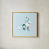 Ducks in the Snow IV by Yvette St. Amant. Shown in a natural wood glass frame for a timeless modern aesthetic. Available as an archival giclee rolled canvas, fine art paper, or poster print. SKU 97317a.