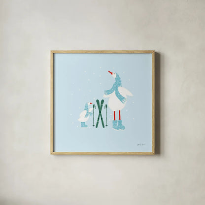Ducks in the Snow IV by Yvette St. Amant. Shown in a natural wood glass frame for a timeless modern aesthetic. Available as an archival giclee rolled canvas, fine art paper, or poster print. SKU 97317a.