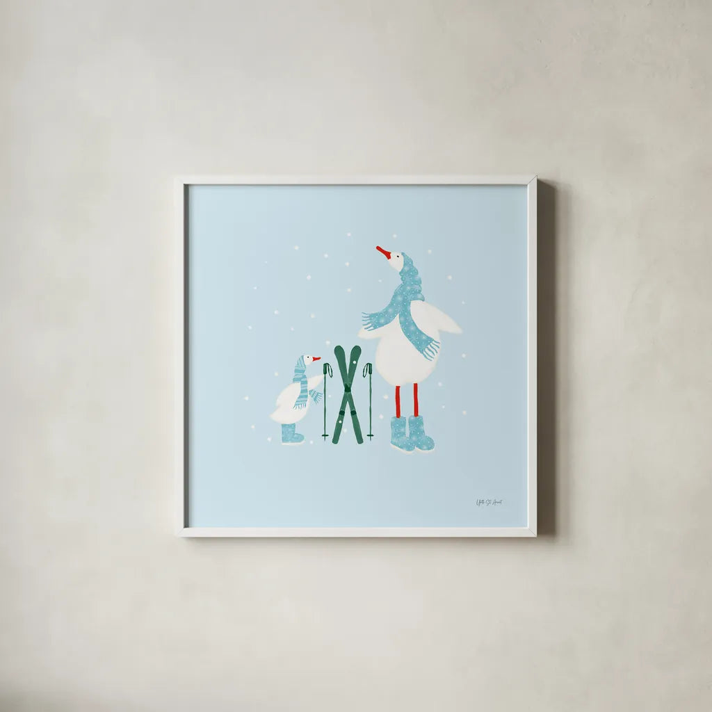 Ducks in the Snow IV by Yvette St. Amant. Shown in a crisp white glass frame for a clean and minimalist style. Available as an archival giclee rolled canvas, fine art paper, or poster print. SKU 97317a.