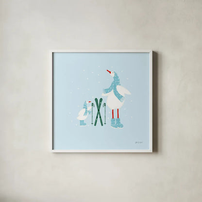 Ducks in the Snow IV by Yvette St. Amant. Shown in a crisp white glass frame for a clean and minimalist style. Available as an archival giclee rolled canvas, fine art paper, or poster print. SKU 97317a.