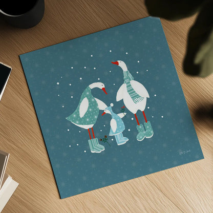 Ducks in the Snow IX by Yvette St. Amant. Shown as a detailed flat fine art print, highlighting archival giclee quality. Available as an archival giclee rolled canvas, fine art paper, or poster print. SKU 97322a.