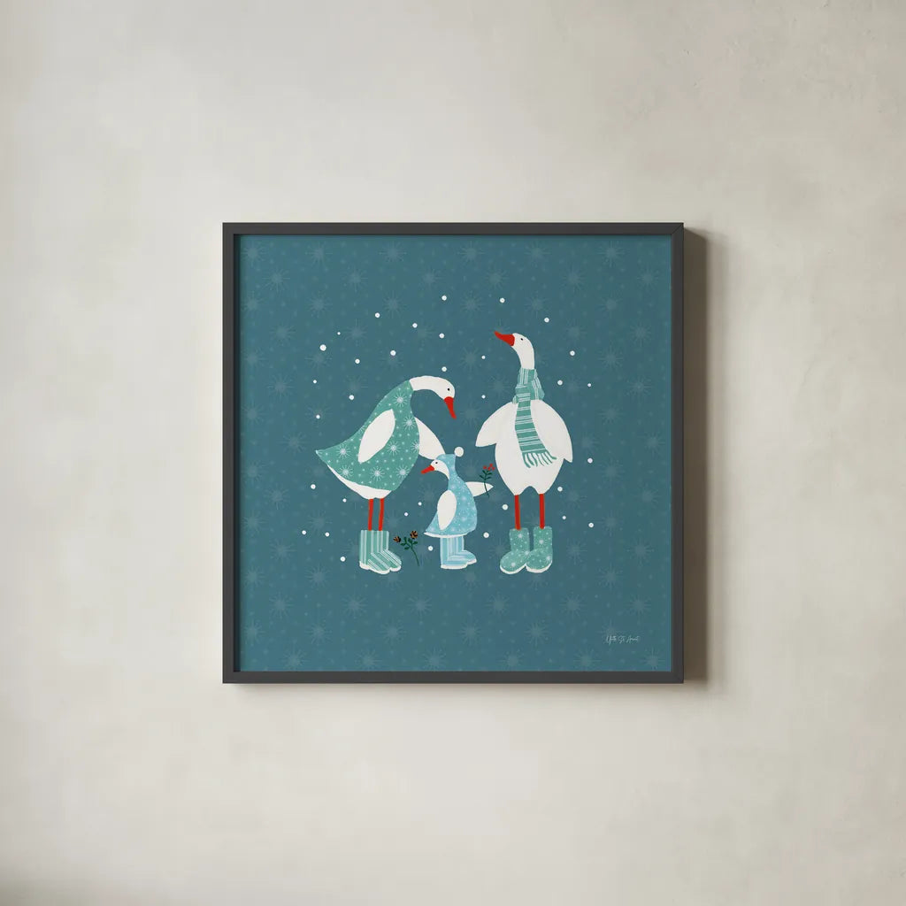 Ducks in the Snow IX by Yvette St. Amant. Shown in a sleek black glass frame for a contemporary gallery look. Available as an archival giclee rolled canvas, fine art paper, or poster print. SKU 97322a.