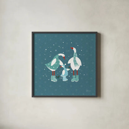 Ducks in the Snow IX by Yvette St. Amant. Shown in a sleek black glass frame for a contemporary gallery look. Available as an archival giclee rolled canvas, fine art paper, or poster print. SKU 97322a.