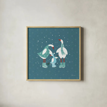 Ducks in the Snow IX by Yvette St. Amant. Shown in a natural wood glass frame for a timeless modern aesthetic. Available as an archival giclee rolled canvas, fine art paper, or poster print. SKU 97322a.