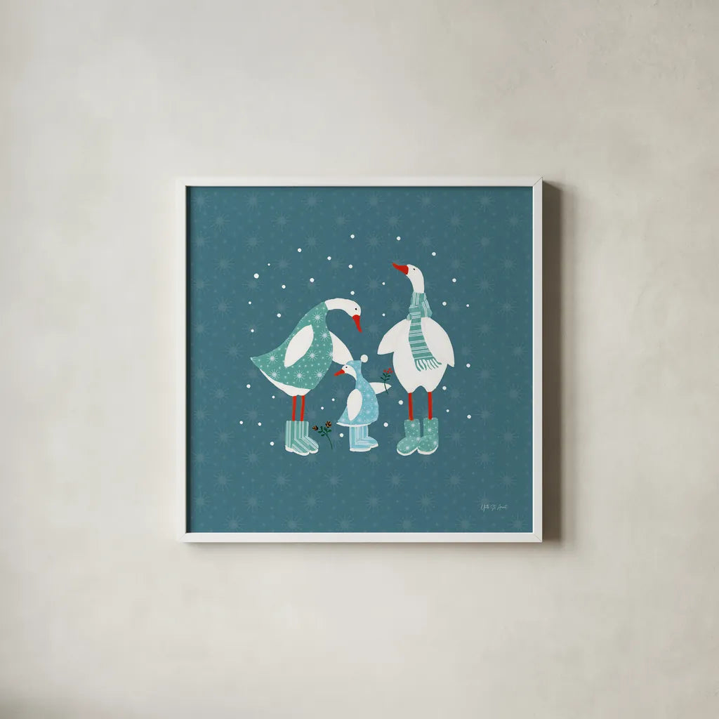 Ducks in the Snow IX by Yvette St. Amant. Shown in a crisp white glass frame for a clean and minimalist style. Available as an archival giclee rolled canvas, fine art paper, or poster print. SKU 97322a.