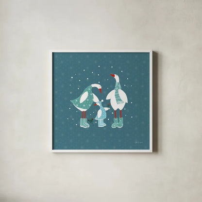 Ducks in the Snow IX by Yvette St. Amant. Shown in a crisp white glass frame for a clean and minimalist style. Available as an archival giclee rolled canvas, fine art paper, or poster print. SKU 97322a.